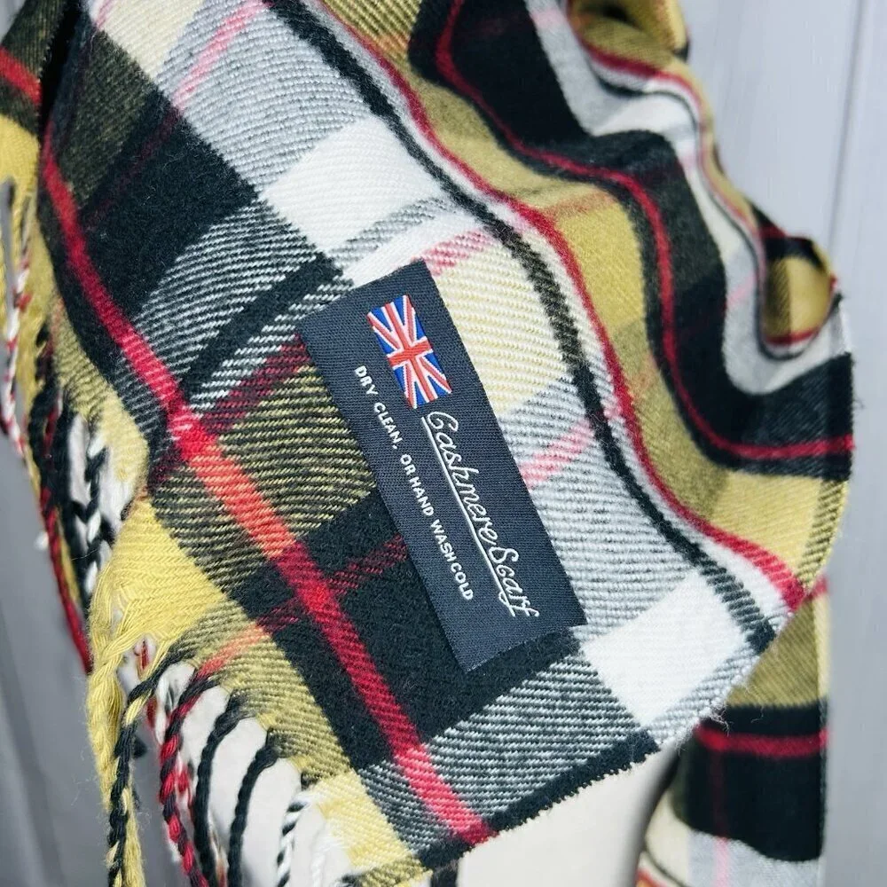 100% Cashmere Scarf Camel Tan Tartan Plaid Made in Scotland 70